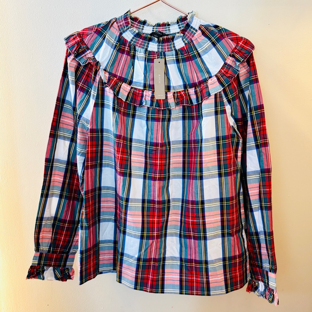 NEW J. Crew Red GreeN Plaid Ruffle Cottage Cotton Blouse Sz S